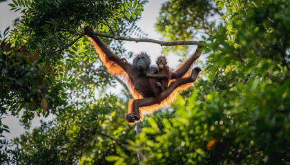 Orangutan mother with her baby swinging through the jungle canopy.