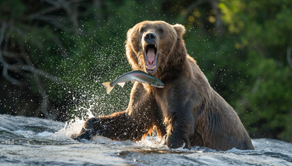 Powerful grizzly bear with open mouth catching a salmon in the river.