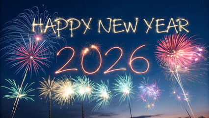 Sparkler 2026 text colorful firework illumination on dark blue sky background, happy new year 2026 concept