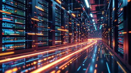 High-speed data flow in a futuristic server room with glowing lines for digital network concept and big data processing - Powered by Adobe