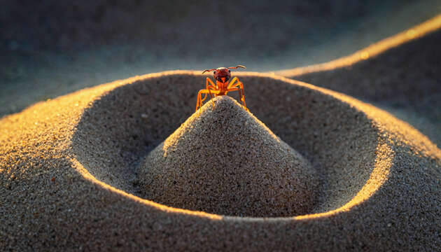 Predatory antlion larva patiently waiting in its conical sand pit trap.