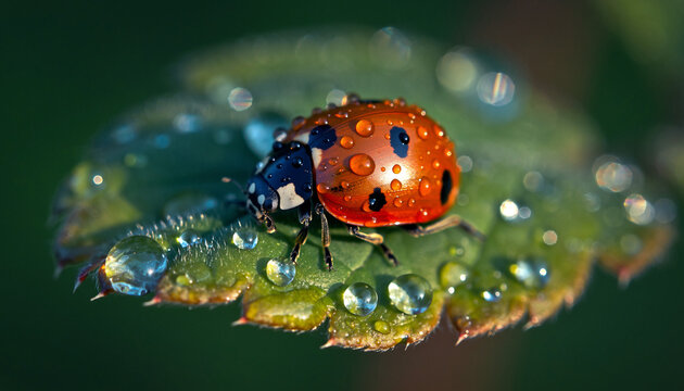 Red ladybug with black spots covered in sparkling morning dew drops.