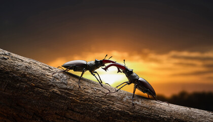 Two powerful stag beetles engaged in a territorial fight on a tree branch.