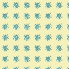 Repeating Blue Octopus Pattern on Yellow Background