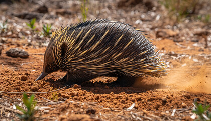 Wild Australian shortbeaked echidna digging in the red earth.