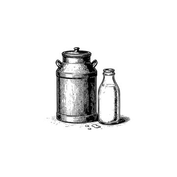Milk Can and Bottle - Vintage Engraving Style.
