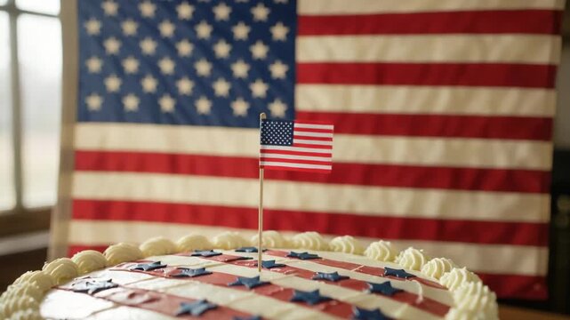 Delicious patriotic cake decorated with American flag colors and a small flag on top for Independence Day celebration concept