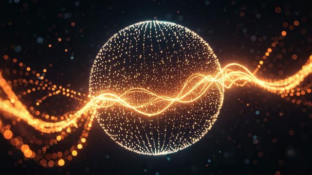 Glowing particle sphere pulsating with dynamic orange light waves in dark abstract space for data visualization concept and future technology