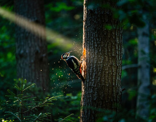 Woodpecker at work chiseling a tree trunk in a forest sunbeam.