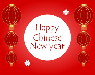 Chinese New Year card with Chinese lanterns, cherry blossoms, and the inscription "Happy Chinese New Year"