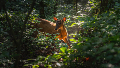 Young graceful deer leaping through sunlit forest foliage.