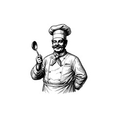 Naklejka premium Vintage Smiling Chef with Spoon - Vintage Engraving Style.
