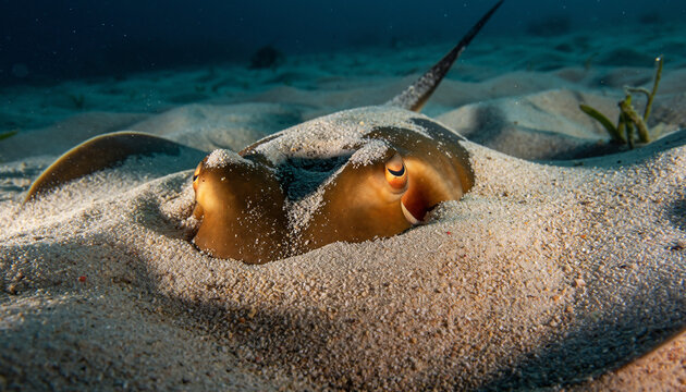 Yellow stingray camouflaged and hiding in the sand on the ocean floor.
