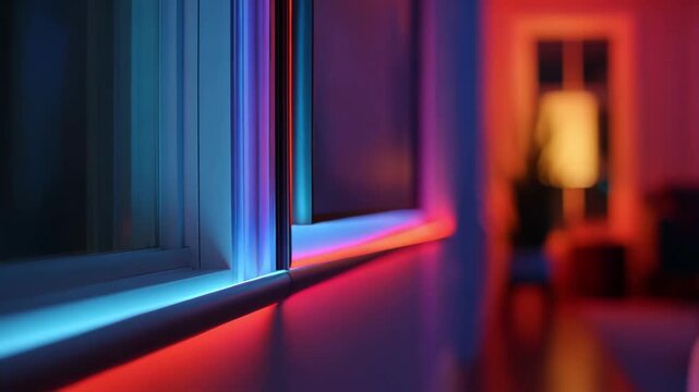 Medium shot of a sleek panel changing smart lighting colors from cool blue to vibrant red enhancing room mood dynamically.