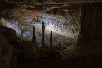 Large underground chamber filled with dense stalactites and rock formations, illuminated by soft artificial light inside a deep limestone cave