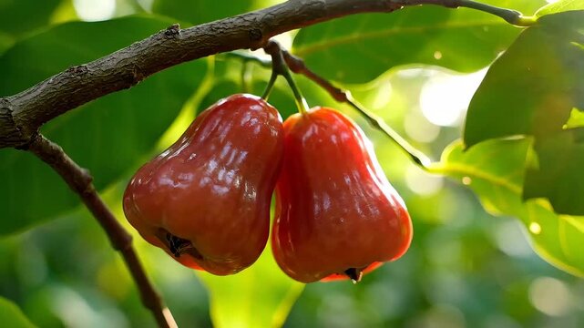 Rose Apples Hanging on Tree Branch in Tropical Garden.