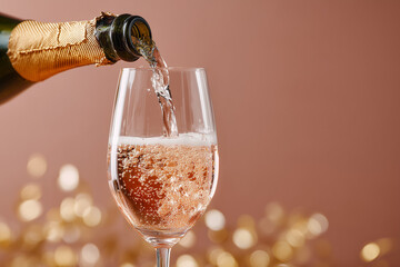 Champagne pouring into glass with sparkling bubbles and festive background  
