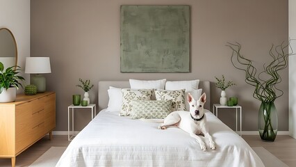 Modern bedroom interior with neutral tones abstract art and a white dog relaxing