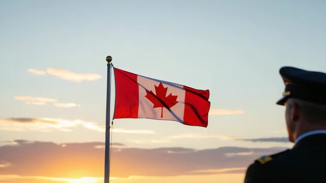 Canadian flag waving proudly against a vibrant golden hour sunset, with a silhouetted military officer standing for national pride concept and respect