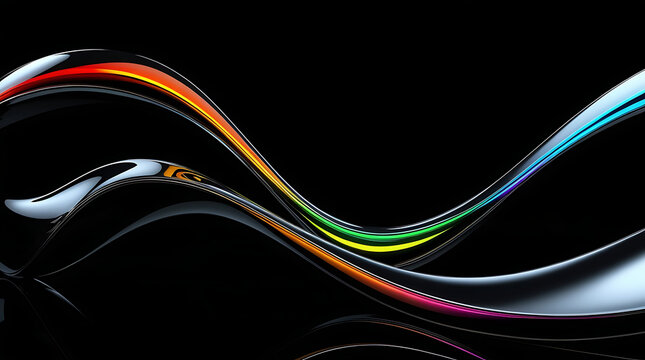 Black dark abstract background. Iridescent fluid glass wave. Prism shape 3D render. Smooth curve transition. Rainbow light flare. Bright glow shimmer. Neon metallic futuristic blur texture - Powered by Adobe