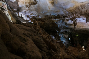 Large underground chamber filled with dense stalactites and rock formations, illuminated by soft artificial light inside a deep limestone cave