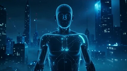 Artificial being overseeing vibrant metropolis with digital interface - Powered by Adobe