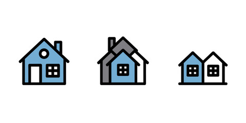 Three stylized house icons representing different housing types.