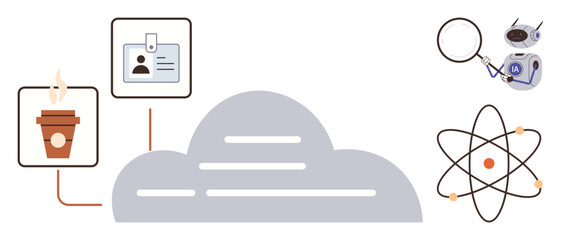 Cloud center connected to coffee cup, ID card, atomic model, and device with magnifier. Ideal for technology, networking, data, productivity science innovation modern lifestyle. Simple flat
