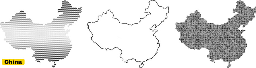Collection of three stylized map outlines of china showing different fill patterns including dotted, solid line, and grid texture © monasa