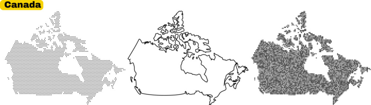 Three different stylized map representations of canada showing outline, dotted pattern, and grid pattern variations