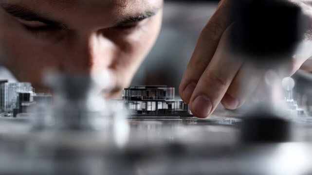 Medium shot of a technician inspecting a single rapid prototype casting model highlighting detailed features in a controlled lab setting.