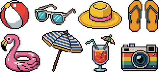 Detailed 8-bit pixel art summer icons set featuring essential beach and travel accessories like a retro camera, cocktail, fun flamingo float, straw hat, flip flops, sunglasses, and striped umbrella, d