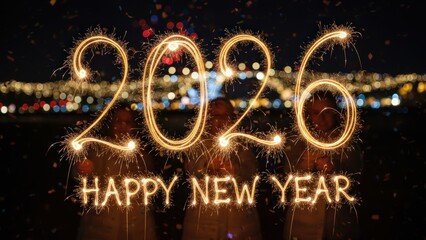 Long-exposure sparkler trails creating abstract golden shapes. Happy new year 2026