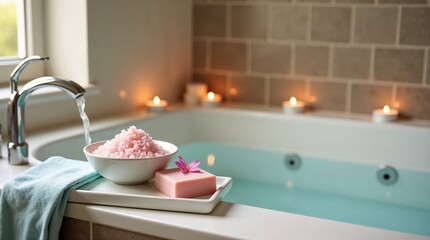 Pink bath salts in bowl and soap bar with flower on tray near bathtub with blue towel and lit candles for luxury spa wellness theme