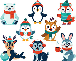 Fototapeta premium A delightful collection of cute Arctic winter animals wearing festive holiday apparel, including a cheerful polar bear, happy penguin, smiling fox, cozy fawn, playful seal, adorable bunny holding coco