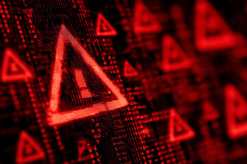 Cybersecurity alert concept with digital warning signs and Chinese flag overlay on red background symbolizing internet system threat or data attack risk