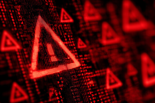 Cybersecurity alert concept with digital warning signs and Chinese flag overlay on red background symbolizing internet system threat or data attack risk