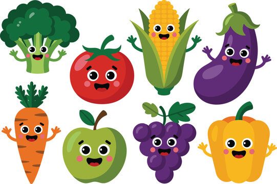 A diverse group of cheerful smiling cartoon fruit and vegetable characters, including fresh produce like corn, broccoli, carrot, tomato, pepper, grapes, apple, and eggplant, promoting healthy eating,