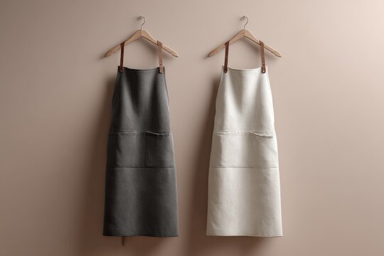 Dark gray and cream apron mockups, a duo of blank cooking uniforms hanging on wooden hangers on a warm beige wall. Apparel templates, stylish display for a kitchen or craft workshop brand.