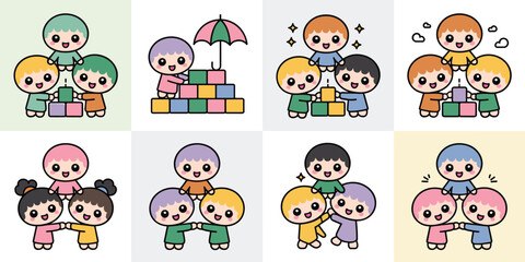Obraz premium Set of cute, vibrant, flat design vector illustrations featuring adorable kawaii children showing successful teamwork and collaboration, building colorful educational toy blocks, symbolizing unity, fr