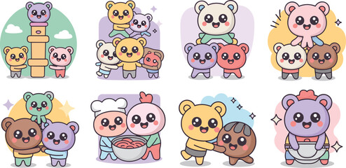 Cute kawaii pastel bear mascot characters vector bundle set engaged in cheerful teamwork and successful cooperation for business presentation, kindergarten education, website marketing, playful friend