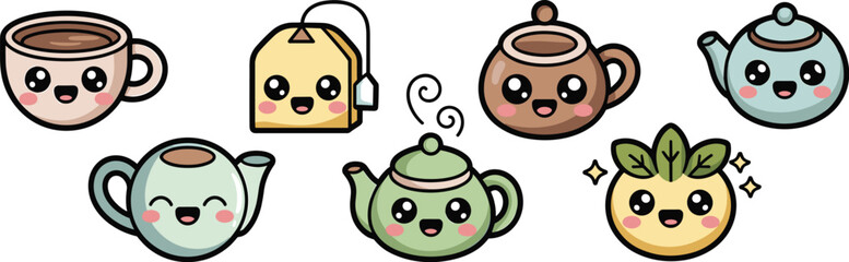 Obraz premium Charming and delightful kawaii cartoon beverage collection vector illustration depicting happy tea accessories, including mint green teapots, cheerful teacups, a smiling teabag, and fresh herbal ingre