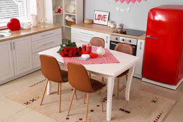 Interior of festive kitchen with decorations for Valentine's Day celebrations