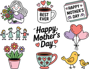 Delightful Happy Mother's Day doodle illustration set with a loving mom, cheerful family, kids, festive heart balloons, hot coffee cups, and greeting card notes; sweet vector graphic resource collecti