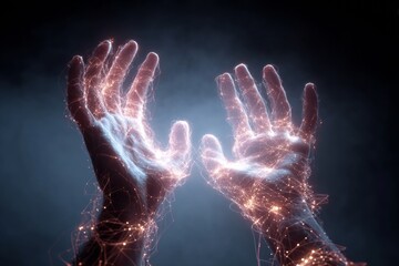 Cinematic View of Two Hands Formed From Strands of Light Reaching Outward in a Dark Setting