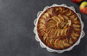 Homemade pie Charlotte with apples on white plate on dark gray background, Top view, Copy space
