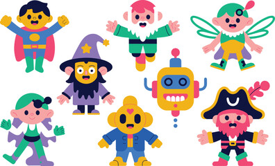 Fototapeta premium A vibrant and playful flat design vector character set collection featuring diverse fantasy avatars: superhero, wizard, pirate, robot, gnome, and mythical fairy sprites, perfect modern graphic assets