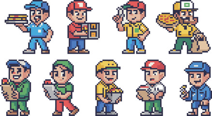 Retro pixel art collection of friendly delivery drivers and essential service workers, happy couriers transporting food, pizza, packages, and groceries, representing the modern gig economy workforce f