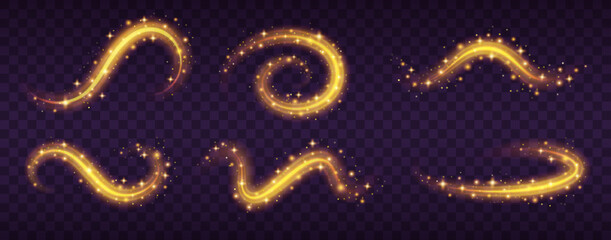 Realistic glowing golden magic dust trails. Festive fairy star powder burst. Christmas shining glitter, stardust effect vector set isolated on transparent background
