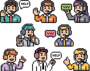 Pixel art customer service agent avatars set featuring diverse, friendly call center representatives wearing headsets, actively offering technical support and online assistance with speech bubbles, pr